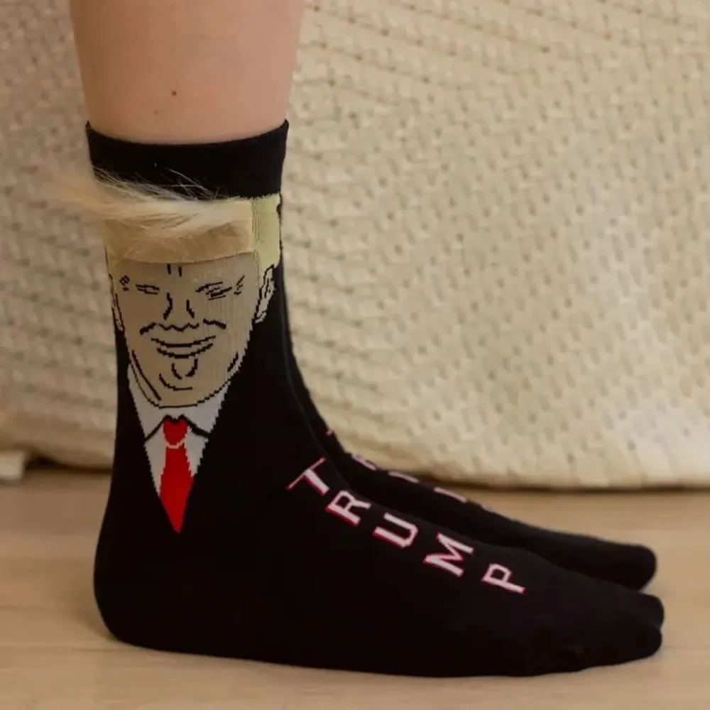 1 Pair‎ Novelty Cartoon Pattern Trump Crew Socks, Breathable Cotton Blend